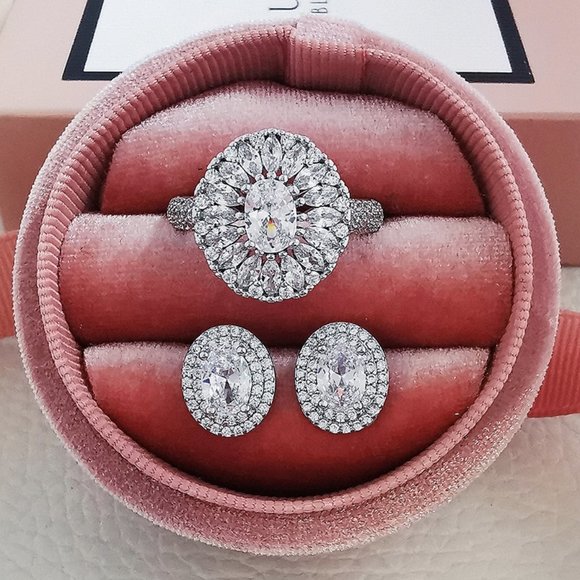 NEW 925 Sterling Silver Diamond Earrings+Ring Set - Picture 2 of 8